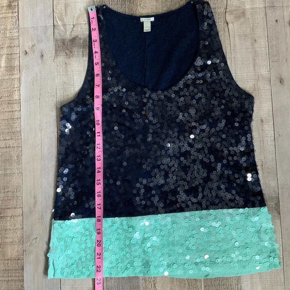 J Crew Sequin Embellished Round Neck Sleeveless Tank Top Navy Seafoam Gr…